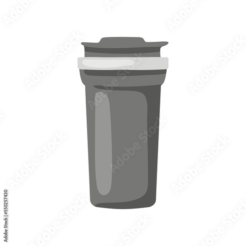 Black thermos flask for drinks vector illustration. Eco-friendly travel mug or container with drink for lunch at school or office on white background. Lunch break, beverage, accessories concept