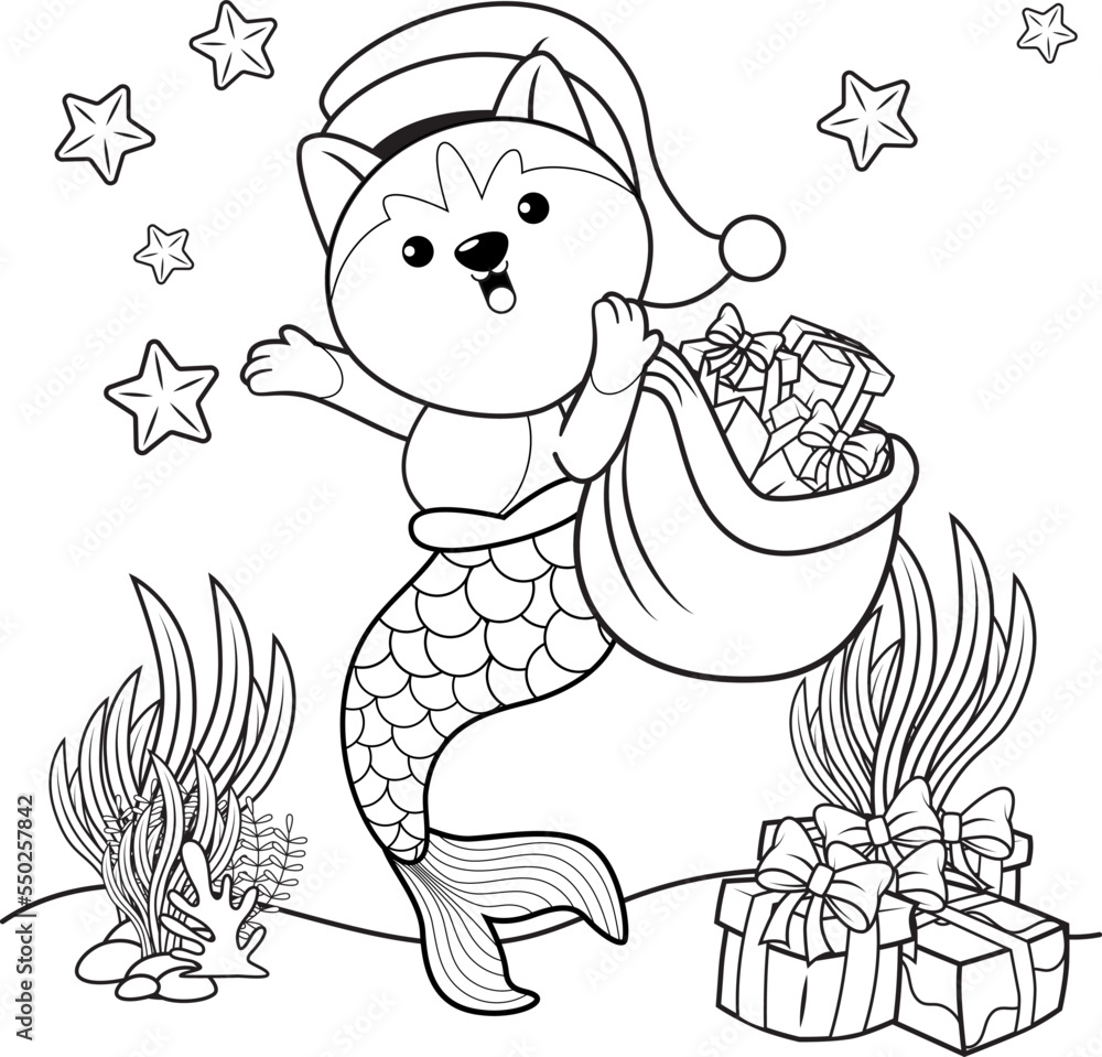 Christmas coloring book with cute husky mermaid