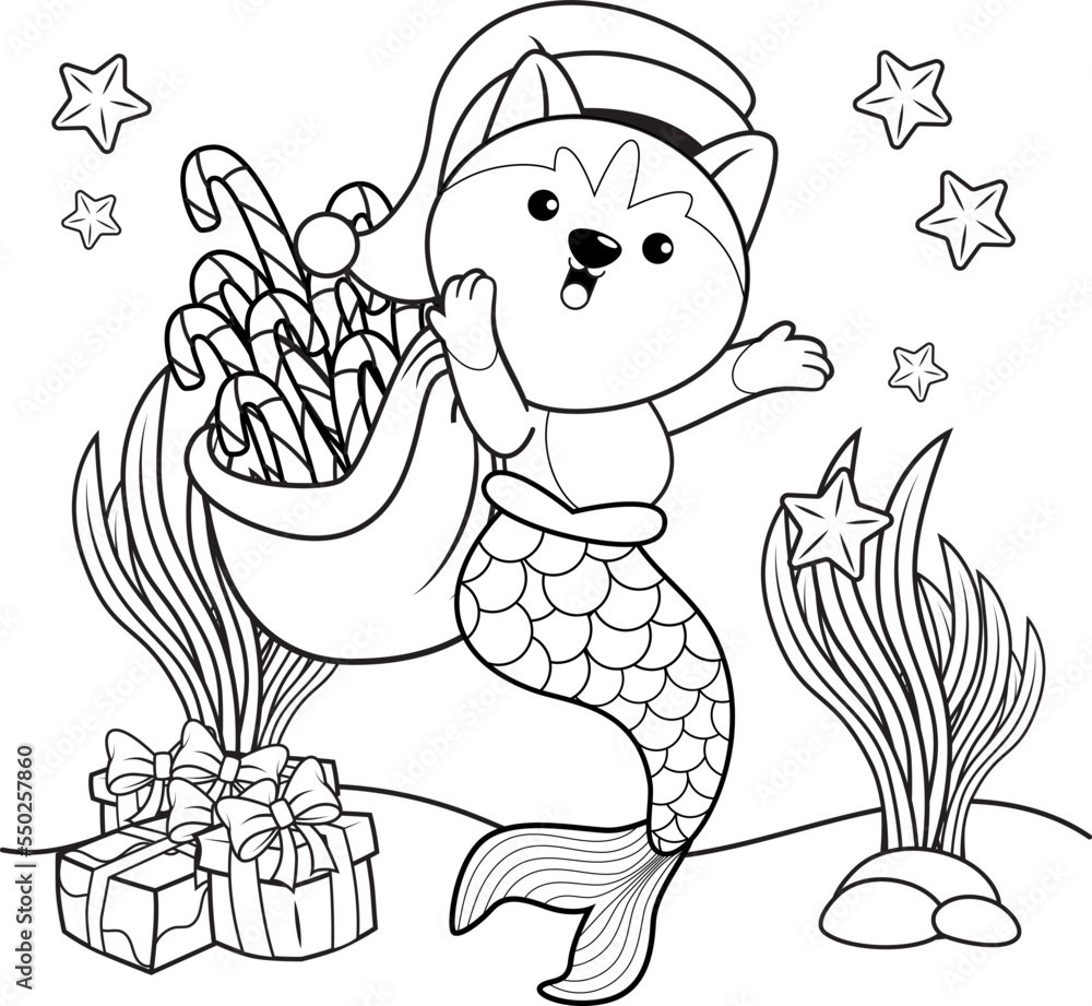 Christmas coloring book with cute husky mermaid Christmas coloring book with cute husky mermaid