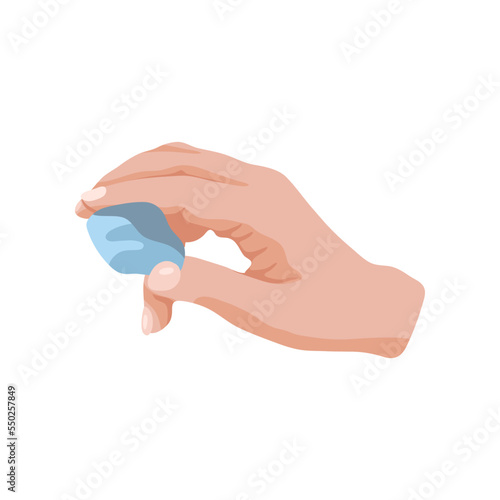 Hand holding rubber vector illustration. Hand of painter erasing isolated on white background. Art, education, stationery, creativity concept