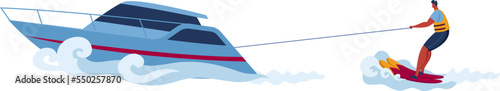 Water jet ski sport with surfing man, boat in sea vector illustration. People at summer holiday, leisure by extreme activity and water sport.