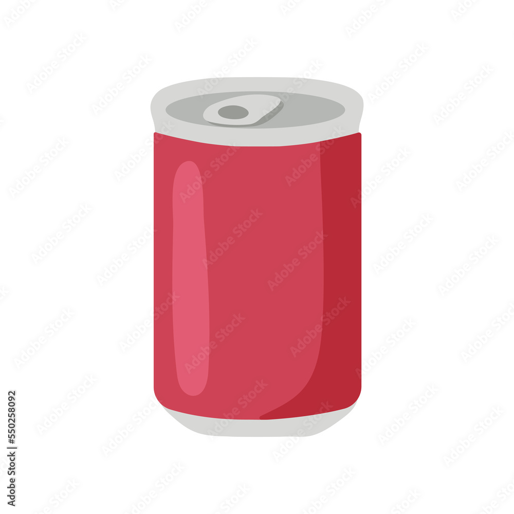Red aluminum can with soda drink vector illustration. Canned drink for lunch at school or office on white background. Lunch break, beverage concept Red aluminum can with soda drink vector illustration. Canned drink for lunch at school or office on white background. Lunch break, beverage concept