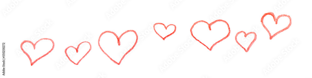 Hand drawn linear red hearts on white