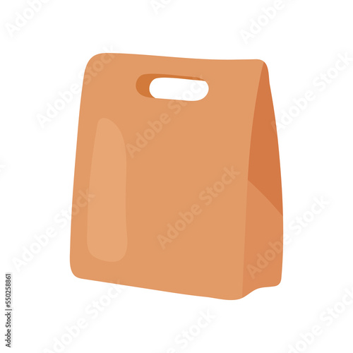 Paper bag for meal or snack with handle vector illustration. Packaged products or takeout food for lunch at school or office isolated on white background. Lunch break, food concept