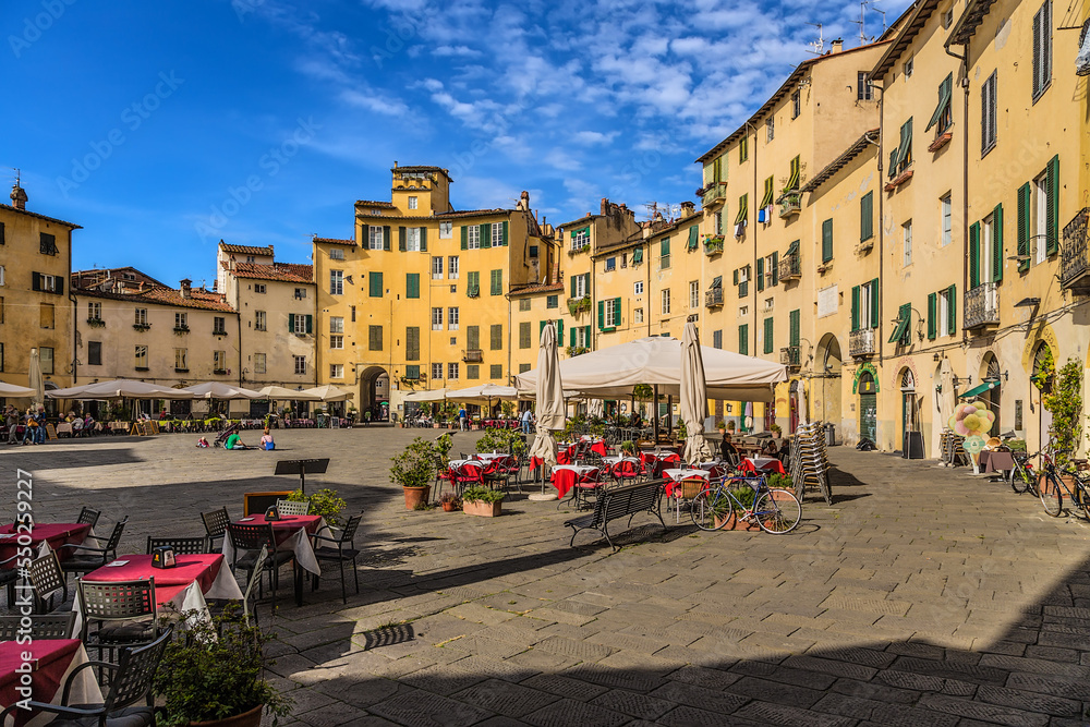 Lucca, Italy. Piazza dell'Anfiteatro was built in the Middle Ages on the basis of an ancient Roman amphitheater