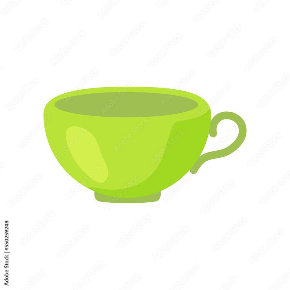 Green cup for tea or coffee vector illustration. Teacup for liquid on white background, basic geometric shape for kindergarten or school children. Dishware, education, geometry concept for kids Green cup for tea or coffee vector illustration. Teacup for liquid on white background, basic geometric shape for kindergarten or school children. Dishware, education, geometry concept for kids