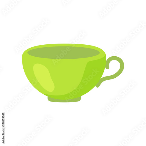 Green cup for tea or coffee vector illustration. Teacup for liquid on white background, basic geometric shape for kindergarten or school children. Dishware, education, geometry concept for kids