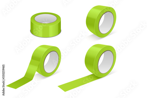 Vector 3d Realistic Glossy Green Tape Roll Icon Set, Mock-up Closeup Isolated on White Background. Design Template of Packaging Sticky Tape Roll or Adhesive Tape for Mockup. Front View