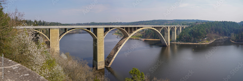 Fototapeta premium Žďakovský bridge over the embankment of the Vltava river in the Czech Republic