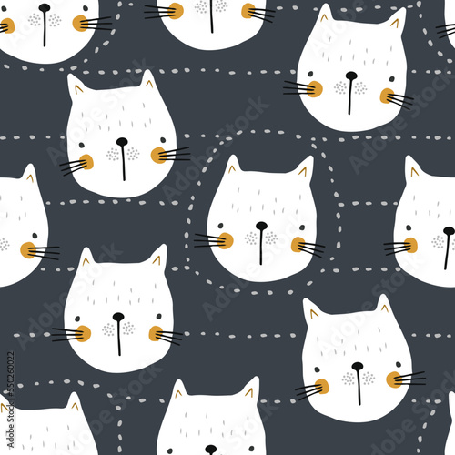 Seamless childish pattern with cute hand drawn cat faces. Creative kids hand drawn texture for fabric, wrapping, textile, wallpaper, apparel. Vector illustration