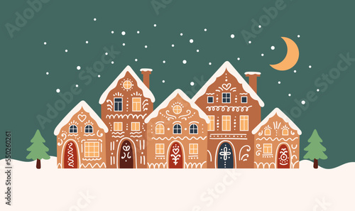 Gingerbread houses christmas scene. Cute vector illustration in flat cartoon style © Biscotto Design