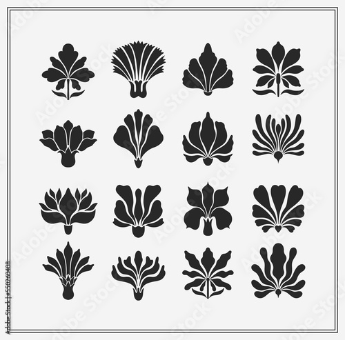 Text boarder divider for printing in typography. Floral elegant motif in silhouette. Art deco mirrored palmette.