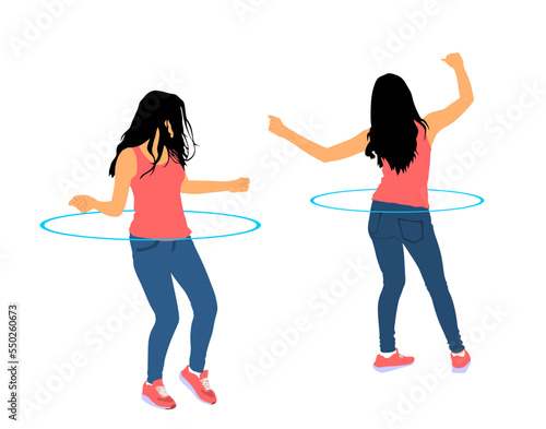 Attractive teen girls couple exercising with a hula hoop vector illustration isolated on white background. Handsome woman funny hula hoop toy dancing losing weight. Lady workout with sport tool in gym
