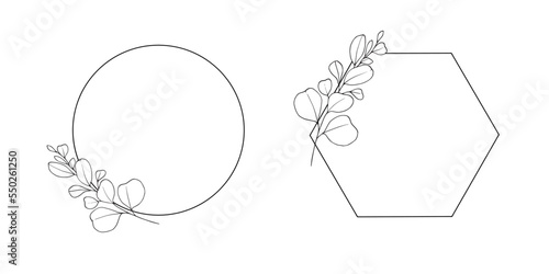 Vector Eucalyptus Flowers Wreath Frame line art on white background. Eucalyptus Leaves wreath outline. Wedding Circle border vector. Vector elegant wreath