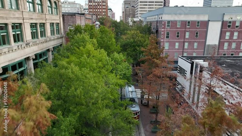 Memphis Tennessee trolley on street. Streetcar by Beale St. Aerial view in autumn. photo