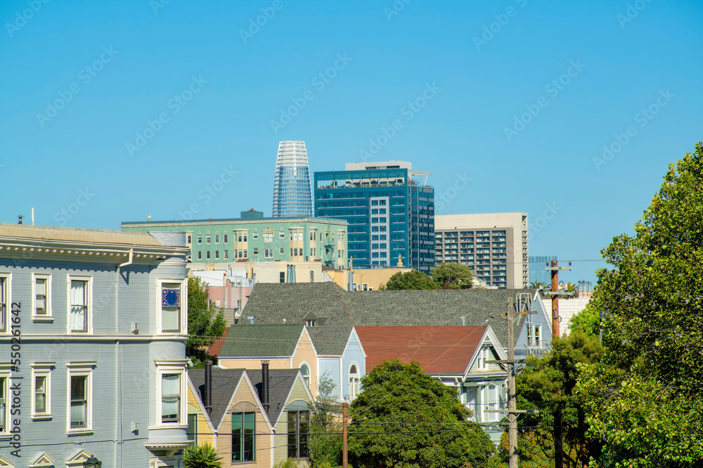 Row of houses and downtown buildings with colorful facades and front yard garden trees and foliage and clear blue sky Row of houses and downtown buildings with colorful facades and front yard garden trees and foliage and clear blue sky