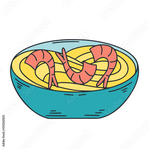 Egg udon noodles with shrimp isolated vector illustration. Asiafood retro style. Traditional Japanese dish with seafood