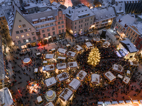 First Advent at the Town Hall Square in Tallinn. Drone photo. Aerial view. © Andreas May