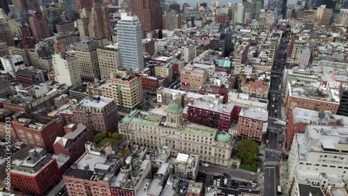 Lower Manhattan Aerial View In New York Over Mott And Mulberry Street. Dolly Forward, Tilt Down photo