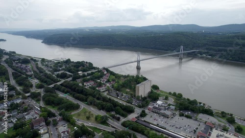 Aerial Shot Of Mid Hudson Brigde Spanning Hudson River Between Poughkeepsie and Highland. Establishing Shot 