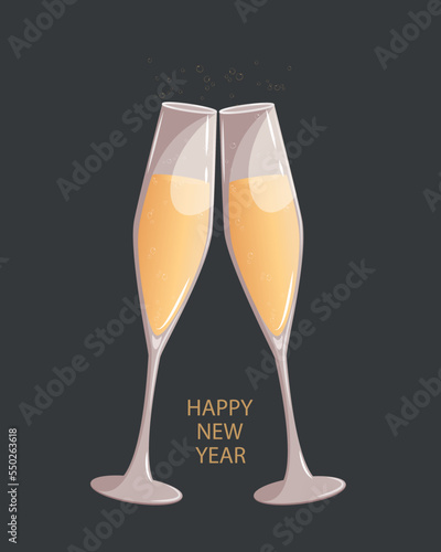 Merry Christmas and Happy New Year.Two glasses of champagne on a dark background.Vector illustration.