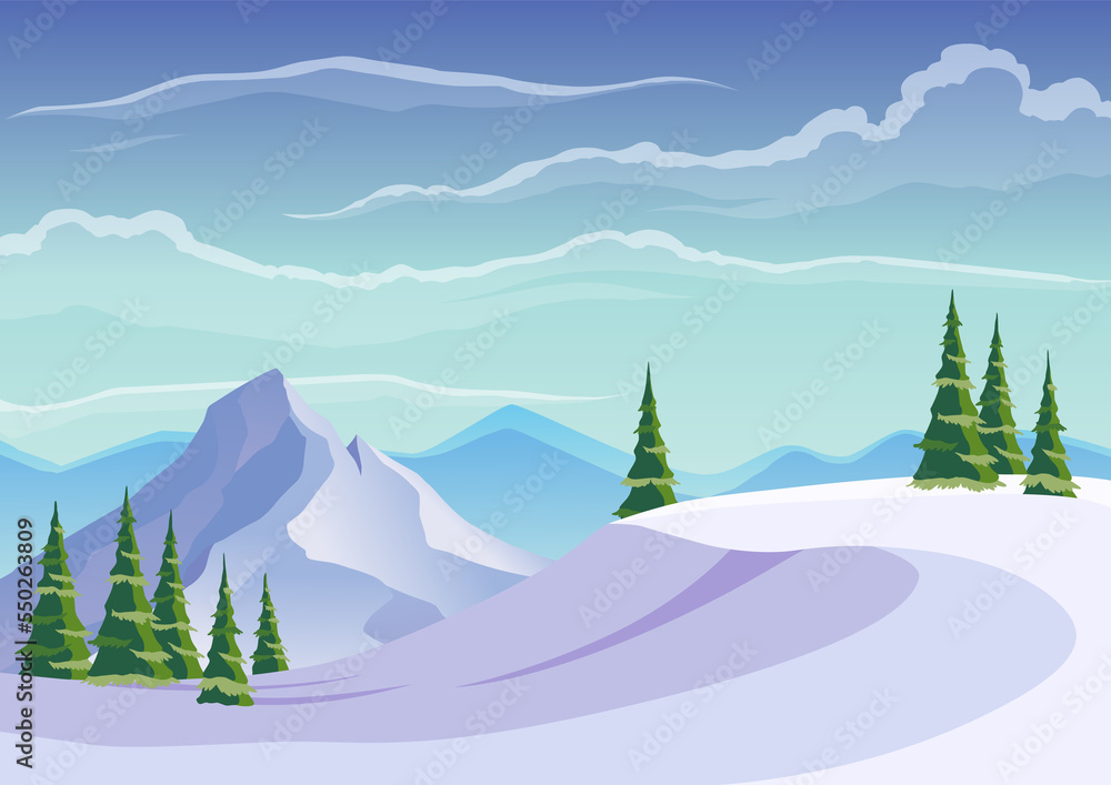 Fototapeta premium Landscape of ski resort. Blue mountains winter snowy landscape with snows and pine forest on foreground. Mountain peaks and traveling background