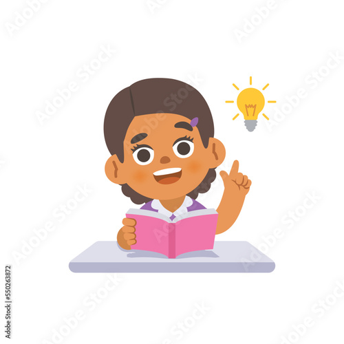 A black girl get an idea on the desk with a book and a bulb, illustration cartoon character vector design on white background. kid and education concept.