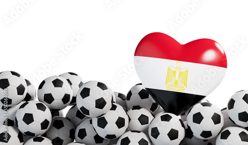 Egypt flag heart with a soccer ball background. Football banner. 3D Rendering
