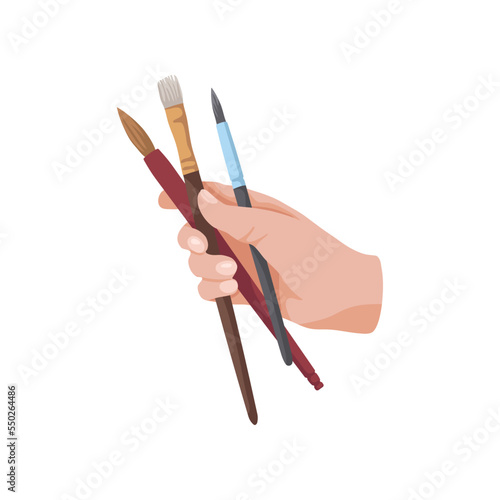 Hand holding paintbrushes vector illustration. Hand of painter isolated on white background. Art, education, stationery, creativity concept