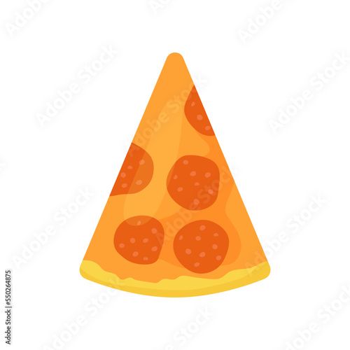 Triangle slice of pizza with salami vector illustration. Piece of tasty pizza with cheese, meat, basic geometric shape for kindergarten or school children. Food, education, geometry concept for kids