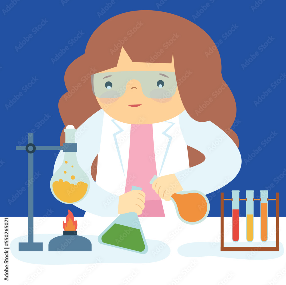 A girl in a white coat and goggles conducts a chemical experiment