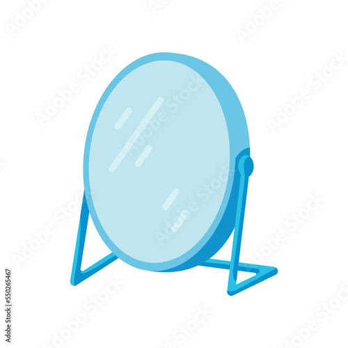 Blue oval table mirror with stand vector illustration. Tool for stylist or hairdresser, basic geometric shape for kindergarten or school children. Beauty, makeup, education, geometry concept for kids