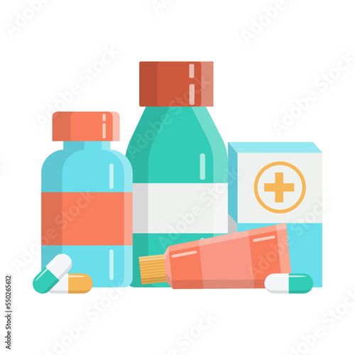Medical bottle with label. Flat vector illustration.