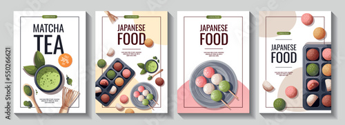Set of flyers with colorful Sweet Mochi, dango, matcha tea. Japanese food, healthy eating, cooking, menu, sweet food, dessert concept. Vector illustration. Banner, promo, advertising. 