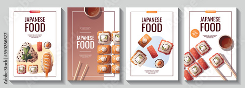 Set of flyers with onigiri and variety of Sushi. Japanese food, healthy eating, cooking, menu, nutrition concept. Vector illustration. Banner, promo, flyer, advertising. 