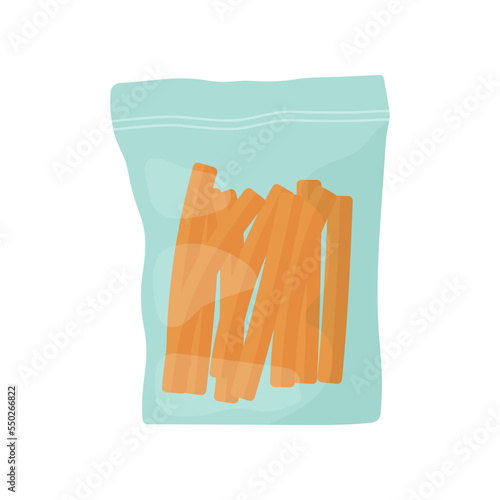 Carrot sticks in plastic pack vector illustration. Packaging with pieces of vegetable or healthy snack for lunch at school or office on white background. Lunch break, food concept