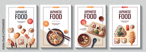 Set of flyers with Sushi, Miso soup, ramen, onigiri. Japanese food, healthy eating, cooking, menu concept. Vector illustration. Banner, promo, flyer, advertising.