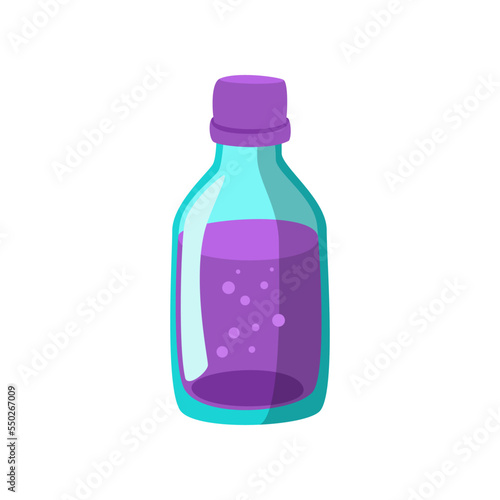 Science lab vial with purple liquid vector illustration. Cartoon drawing of laboratory glass bottle for scientific research isolated on white background. Science, chemistry concept