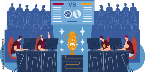 Gamer tournament, cyber player use pc computer technology at competition, vector illustration. Team go for championship at online video game.
