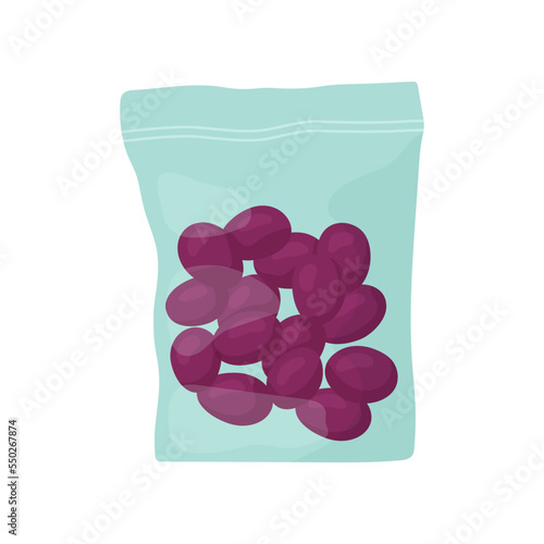 Purple grapes in plastic pack vector illustration. Packaging with berries or healthy snack for lunch at school or office on white background. Lunch break, food concept