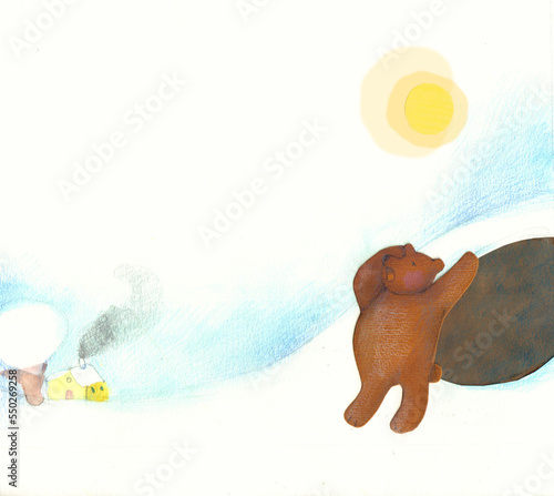 illustration in collage, watercolor and crayons of a sleepy bear in front of his den photo