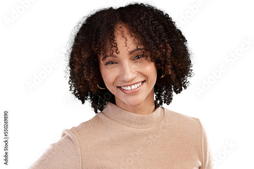 Cropped portrait of an attractive young woman posing in studio against an isolated transparent png background.