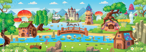 Landscape with islands, mountains and a river with wooden bridge, houses of hobbits and gnomes, castle and lighthouse, mushrooms. Fantasy castle with towers on the island. Vector. photo
