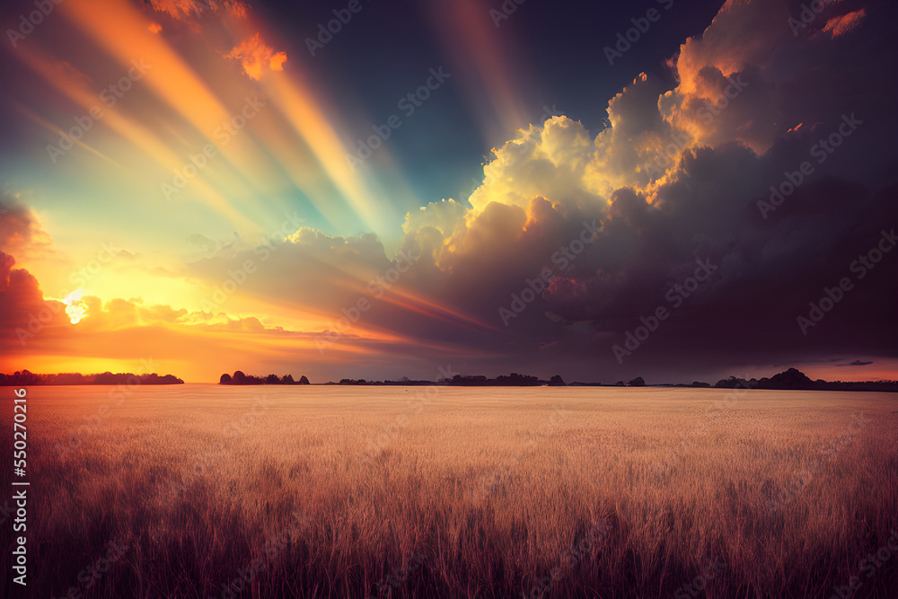 Fototapeta premium Tranquil sunset over a field. Great photo to show hope, peaceful view, travel and more. 