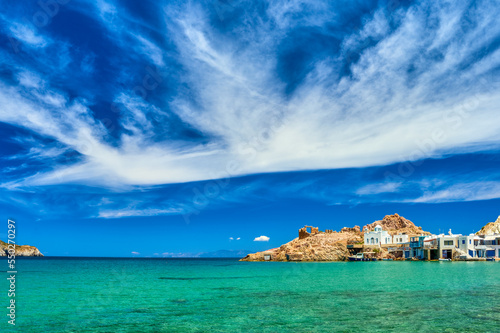 Fotobehang Traditional Greek fishermen village, blue sea, great sky, summer