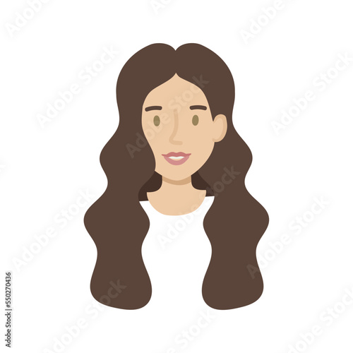 Girl face flat. Friendly young woman with long wavy dark hair. Hand drawn vector illustration.