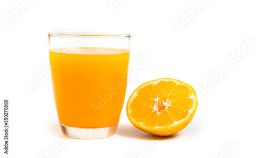 Freshness orange juice in clear glass  slice orange on white background.