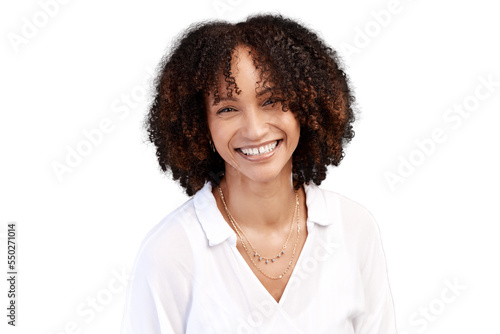 Cropped portrait of an attractive young woman posing in studio against an isolated transparent png background.