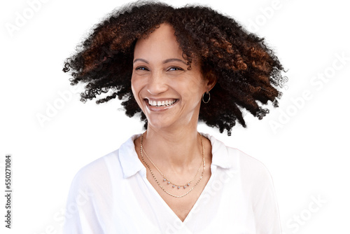 Cropped portrait of an attractive young woman posing in studio against an isolated transparent png background.