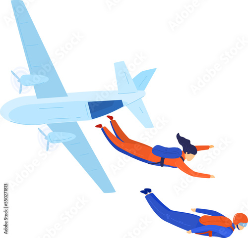 Parachute adventure from plane, isolated on white vector illustration. Skydiving parachutist design, fun skydiver fly high by extreme jump.